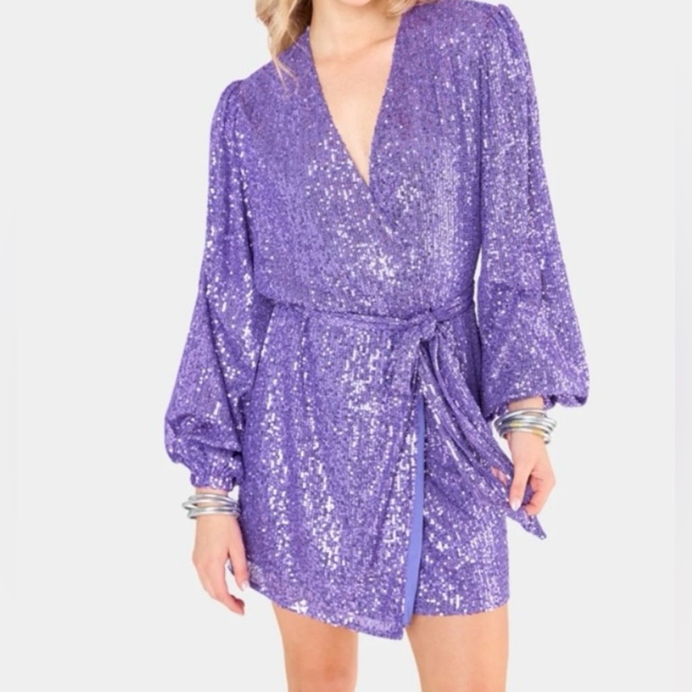 Purple sequin mini wrap dress